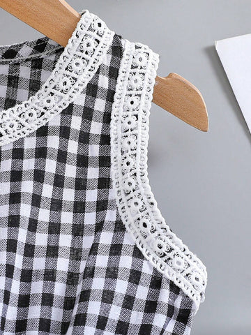 Young Girl Summer Sleeveless Round Neck A-Line Floral Lace Dress With Half-Open Placket