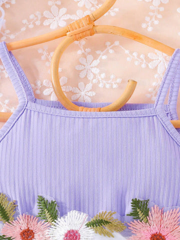 Young Girl Summer Sleeveless Spaghetti Strap Exquisite Embroidered Mesh Patchwork Fashion Dress