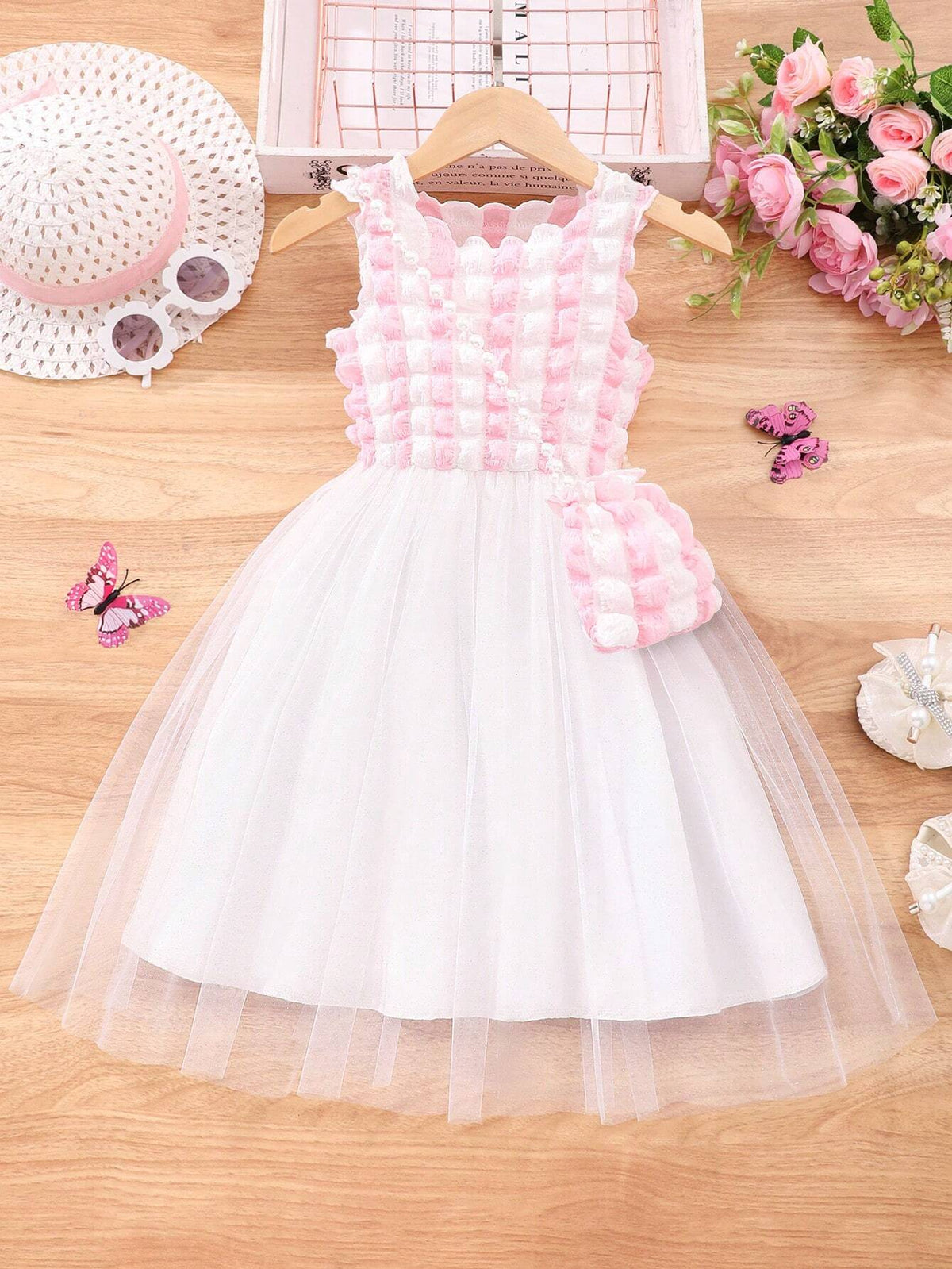 Young Girl Summer Sleeveless Two-Tone Bubble Texture & Mesh Splicing Casual Dress With Bag