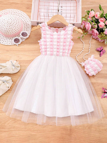 Young Girl Summer Sleeveless Two-Tone Bubble Texture & Mesh Splicing Casual Dress With Bag