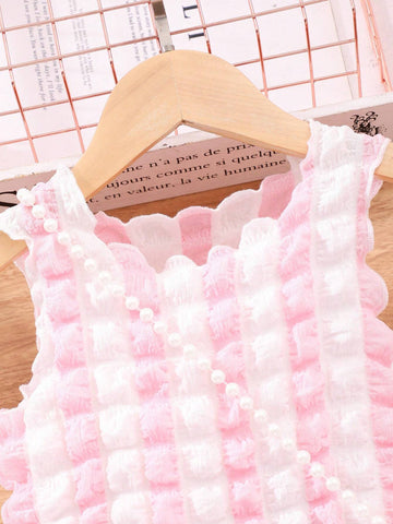 Young Girl Summer Sleeveless Two-Tone Bubble Texture & Mesh Splicing Casual Dress With Bag