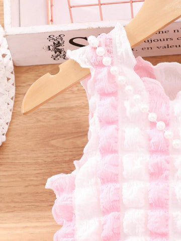 Young Girl Summer Sleeveless Two-Tone Bubble Texture & Mesh Splicing Casual Dress With Bag