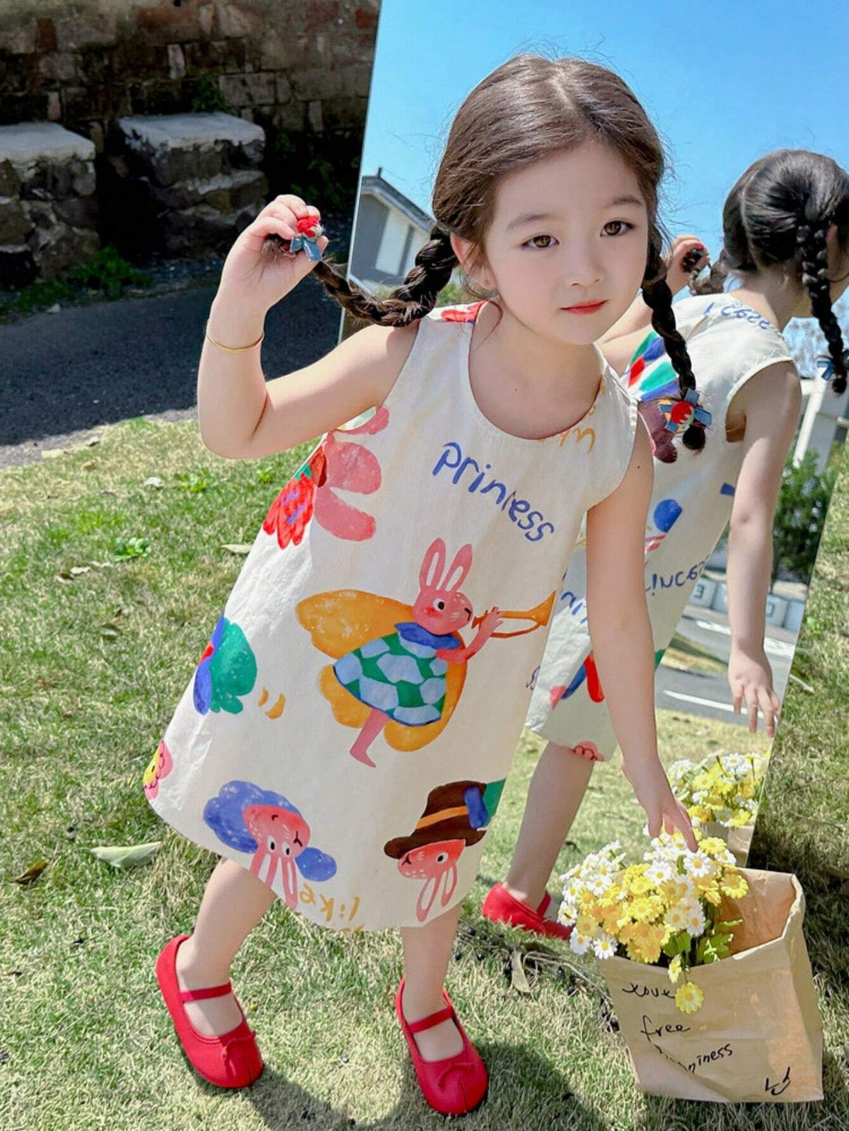 Young Girl Summer Sleeveless Vest Dress With Letter & Cartoon Print For Casual Wear