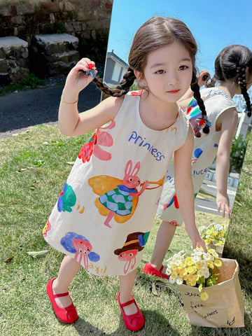 Young Girl Summer Sleeveless Vest Dress With Letter & Cartoon Print For Casual Wear