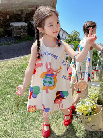 Young Girl Summer Sleeveless Vest Dress With Letter & Cartoon Print For Casual Wear