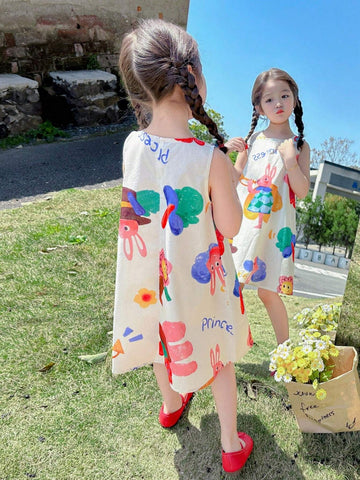 Young Girl Summer Sleeveless Vest Dress With Letter & Cartoon Print For Casual Wear
