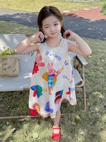 Young Girl Summer Sleeveless Vest Dress With Letter & Cartoon Print For Casual Wear