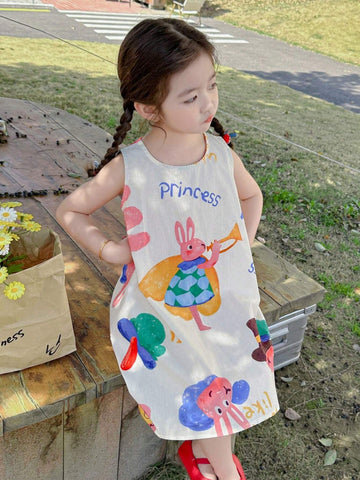 Young Girl Summer Sleeveless Vest Dress With Letter & Cartoon Print For Casual Wear
