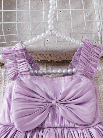 Young Girl Summer Solid Color Bow Decorated Sling Dress