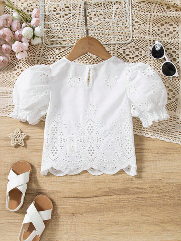 Young Girl Summer Solid Color Loose Fit Bubble Short Sleeve Round Neck Shirt With Rounded Hem