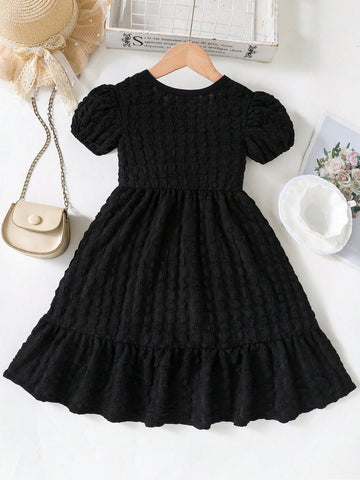 Young Girl Summer Solid Color Puff Sleeve Pleated Dress