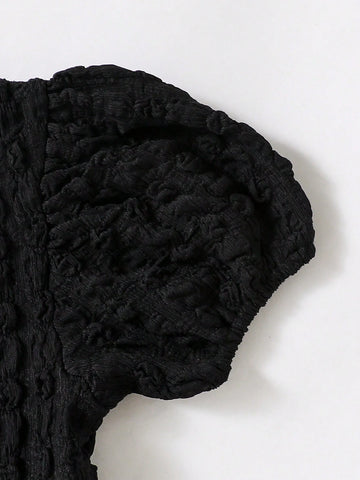 Young Girl Summer Solid Color Puff Sleeve Pleated Dress