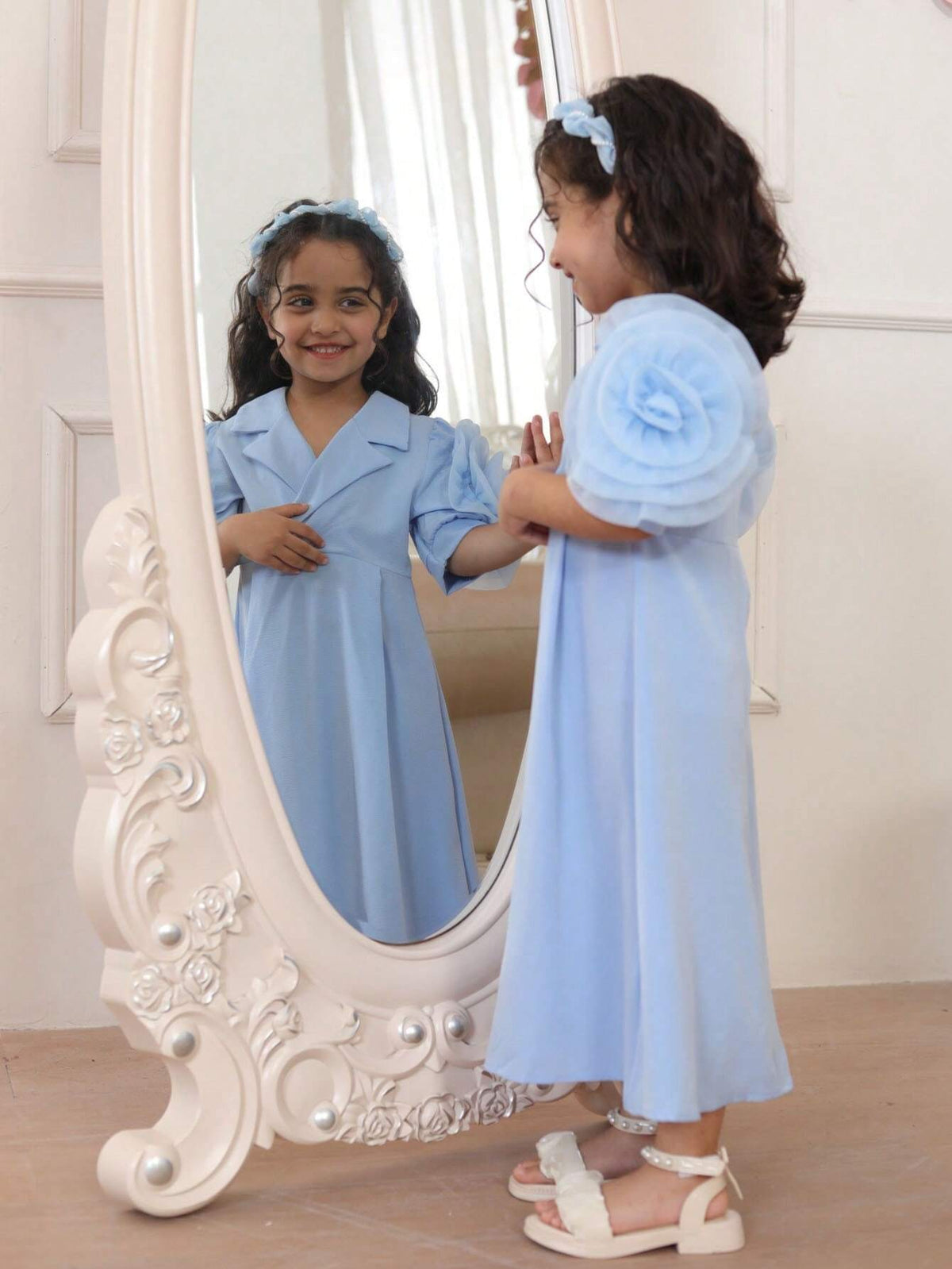 Young Girl Summer Solid Color Puff Sleeve Shift Dress With 3D Flower Decoration And Patch Pocket