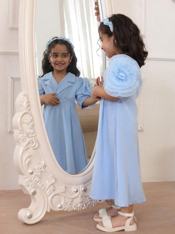 Young Girl Summer Solid Color Puff Sleeve Shift Dress With 3D Flower Decoration And Patch Pocket