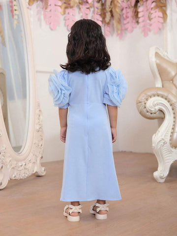 Young Girl Summer Solid Color Puff Sleeve Shift Dress With 3D Flower Decoration And Patch Pocket