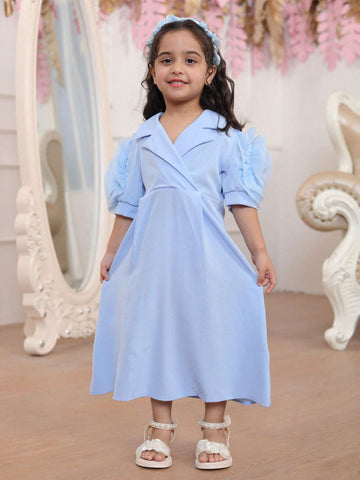 Young Girl Summer Solid Color Puff Sleeve Shift Dress With 3D Flower Decoration And Patch Pocket
