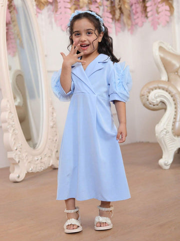 Young Girl Summer Solid Color Puff Sleeve Shift Dress With 3D Flower Decoration And Patch Pocket
