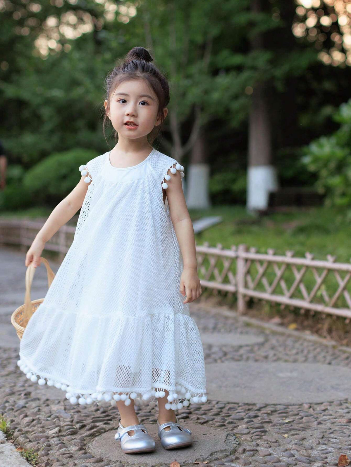 Young Girl Summer Solid Color Round Neck Dress With Patchwork And Tassel Hem Design