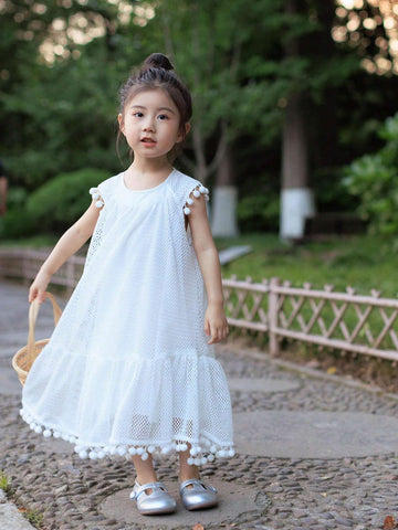 Young Girl Summer Solid Color Round Neck Dress With Patchwork And Tassel Hem Design