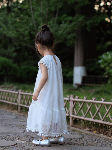 Young Girl Summer Solid Color Round Neck Dress With Patchwork And Tassel Hem Design