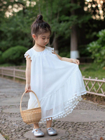 Young Girl Summer Solid Color Round Neck Dress With Patchwork And Tassel Hem Design