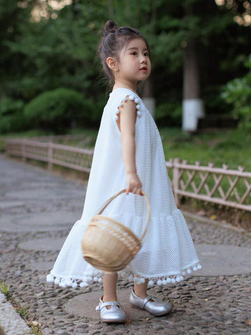 Young Girl Summer Solid Color Round Neck Dress With Patchwork And Tassel Hem Design