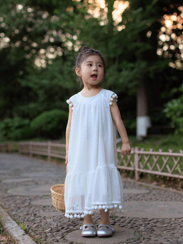 Young Girl Summer Solid Color Round Neck Dress With Patchwork And Tassel Hem Design