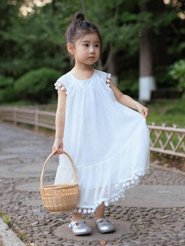Young Girl Summer Solid Color Round Neck Dress With Patchwork And Tassel Hem Design