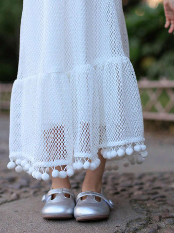 Young Girl Summer Solid Color Round Neck Dress With Patchwork And Tassel Hem Design