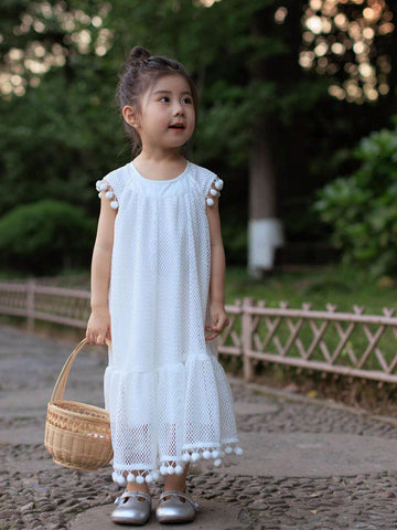 Young Girl Summer Solid Color Round Neck Dress With Patchwork And Tassel Hem Design