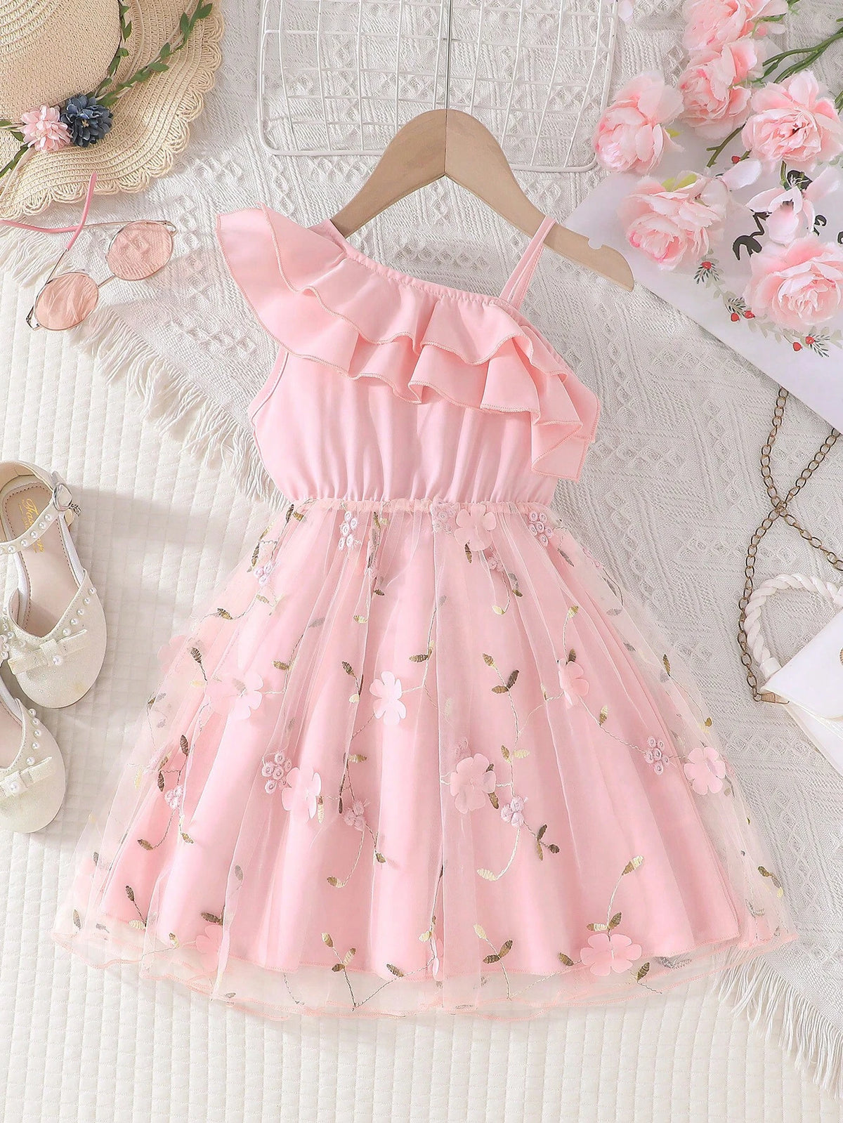 Young Girl Summer Solid Color Ruffle Trim Embroidered Mesh Sundress