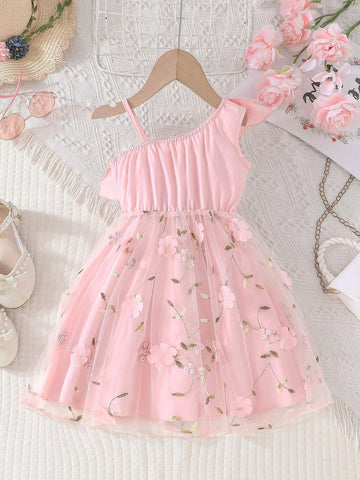 Young Girl Summer Solid Color Ruffle Trim Embroidered Mesh Sundress