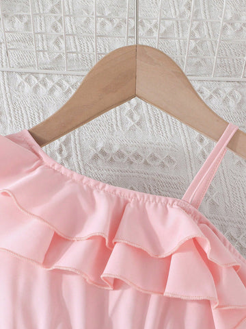 Young Girl Summer Solid Color Ruffle Trim Embroidered Mesh Sundress