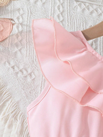 Young Girl Summer Solid Color Ruffle Trim Embroidered Mesh Sundress