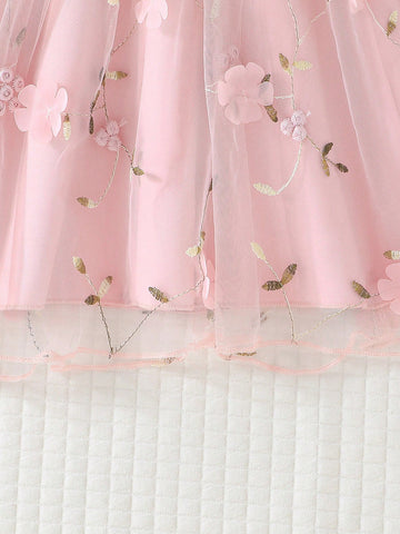 Young Girl Summer Solid Color Ruffle Trim Embroidered Mesh Sundress
