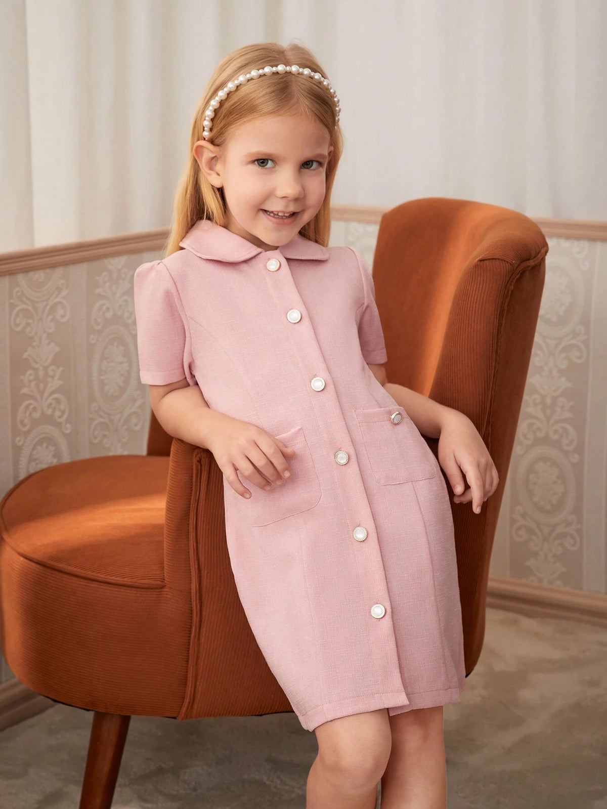 Young Girl Summer Solid Color Short Puff Sleeve Single Breasted Casual Dress