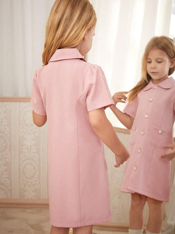 Young Girl Summer Solid Color Short Puff Sleeve Single Breasted Casual Dress