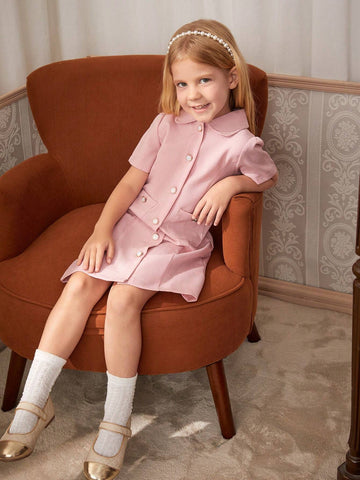 Young Girl Summer Solid Color Short Puff Sleeve Single Breasted Casual Dress