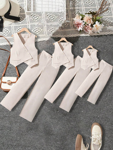 Young Girl Summer Solid Color Vest And Long Pants Suit