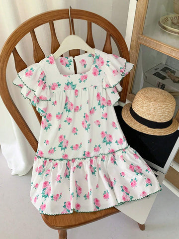 Young Girl Summer Sweet Lovely Floral Print Flounce Sleeve Dress