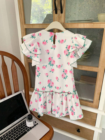 Young Girl Summer Sweet Lovely Floral Print Flounce Sleeve Dress