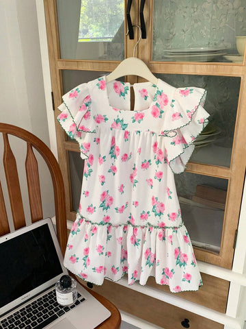 Young Girl Summer Sweet Lovely Floral Print Flounce Sleeve Dress