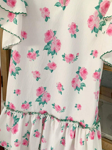 Young Girl Summer Sweet Lovely Floral Print Flounce Sleeve Dress