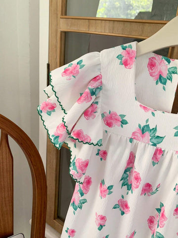 Young Girl Summer Sweet Lovely Floral Print Flounce Sleeve Dress