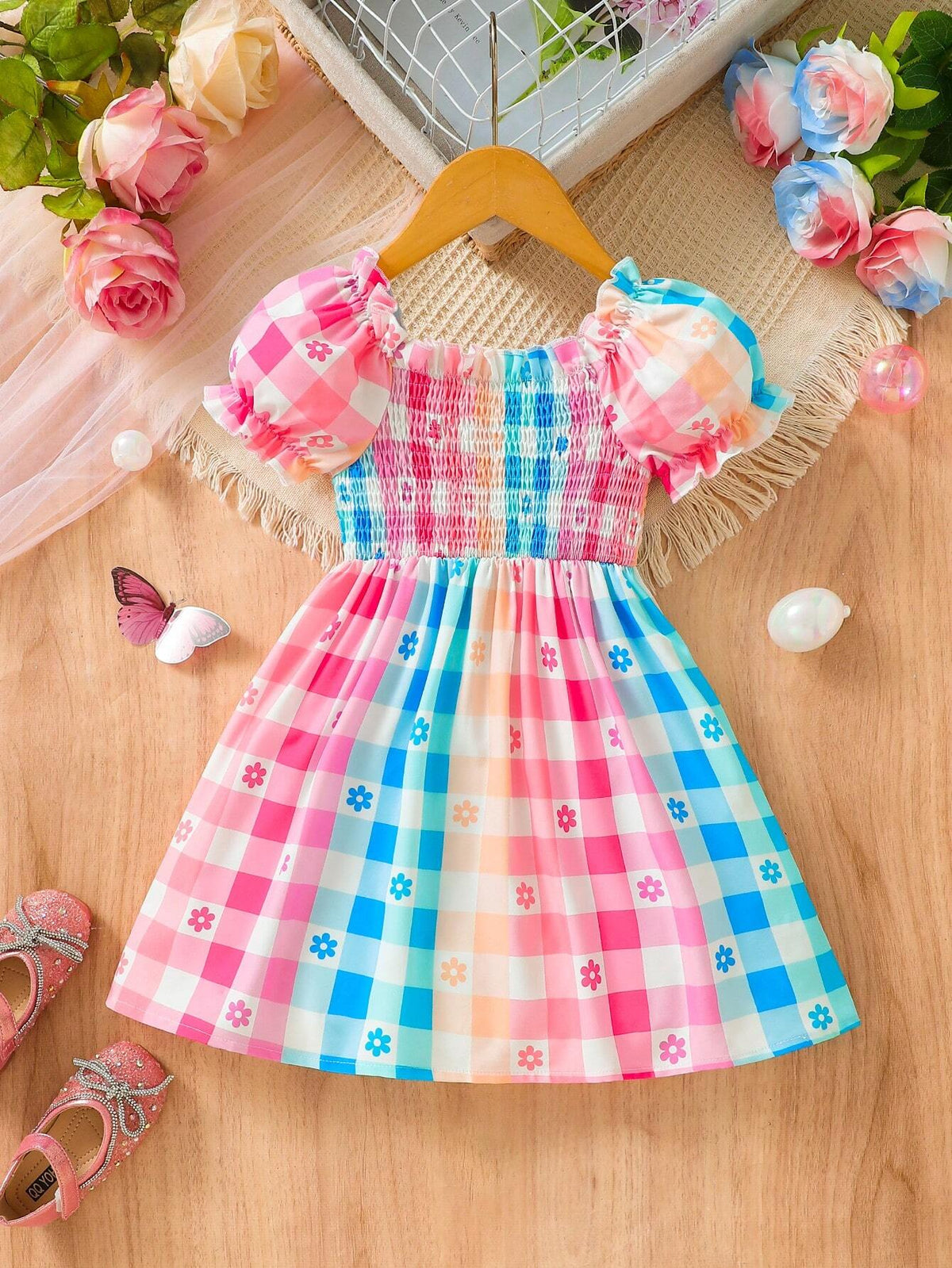 Young Girl Summer Vacation Colorful Checkered Flower Print Cute Dress