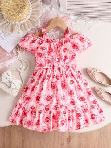 Young Girl Summer Vacation Rose Print Sleeveless Princess Dress