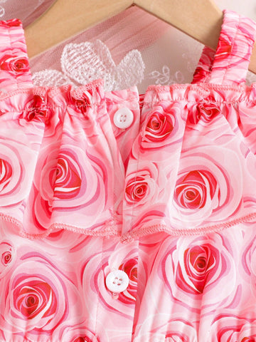 Young Girl Summer Vacation Rose Print Sleeveless Princess Dress