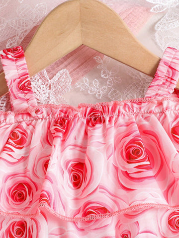 Young Girl Summer Vacation Rose Print Sleeveless Princess Dress
