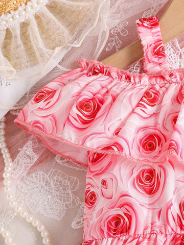 Young Girl Summer Vacation Rose Print Sleeveless Princess Dress