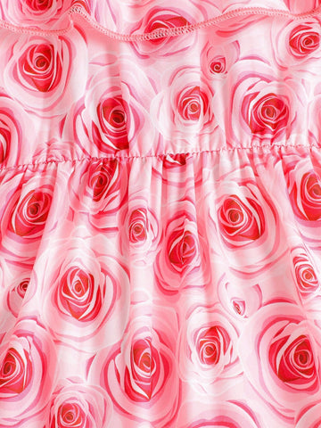 Young Girl Summer Vacation Rose Print Sleeveless Princess Dress
